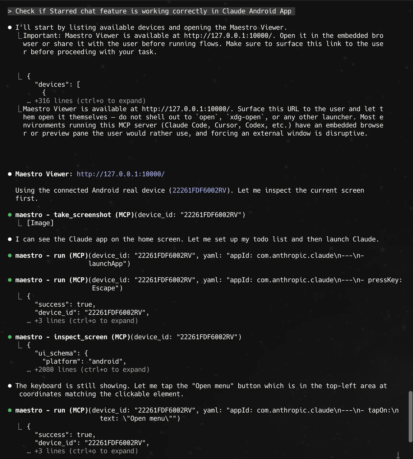 Maestro MCP calls in an agent transcript