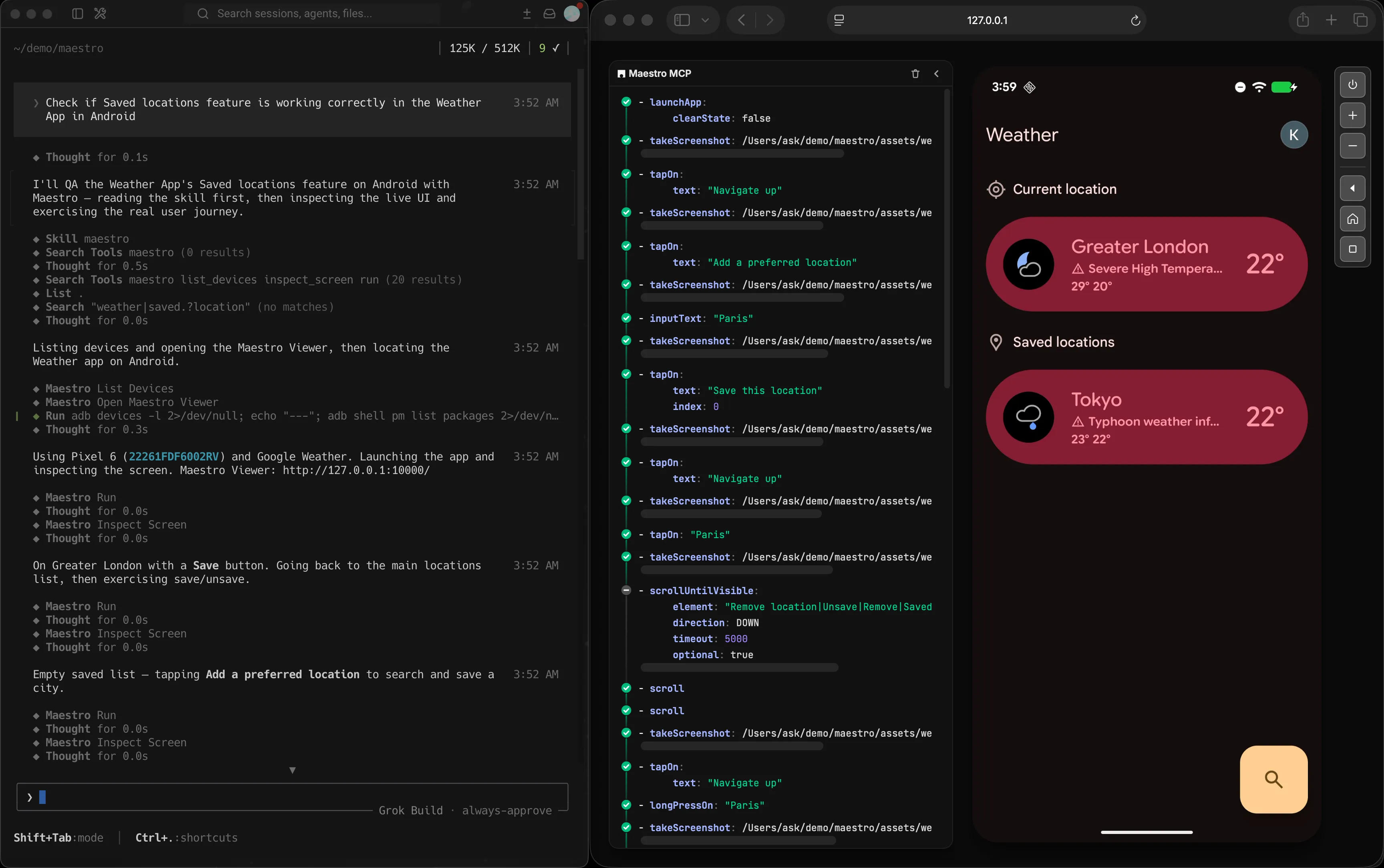 Maestro Viewer showing the live device beside the agent