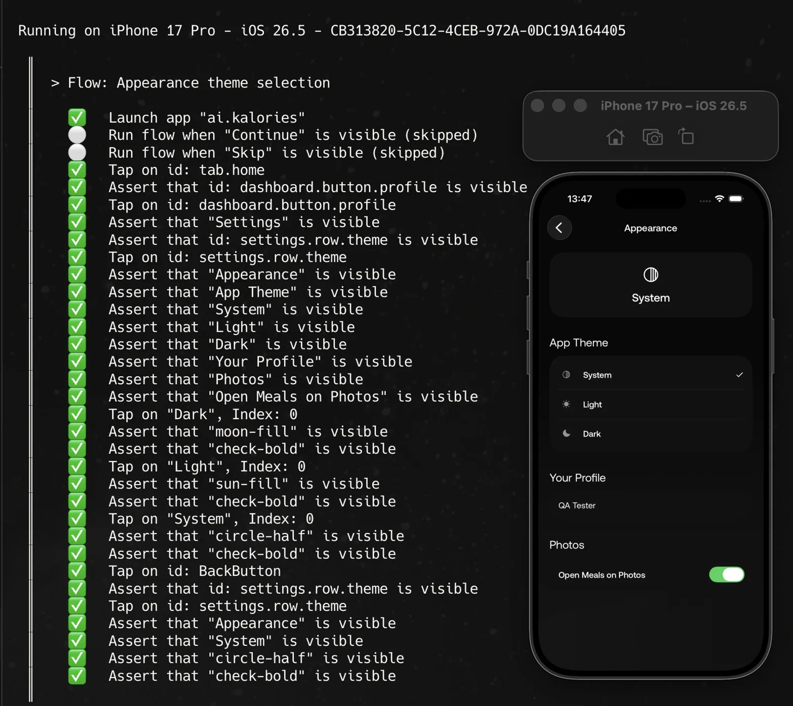 maestro test running the saved Appearance flow from the terminal