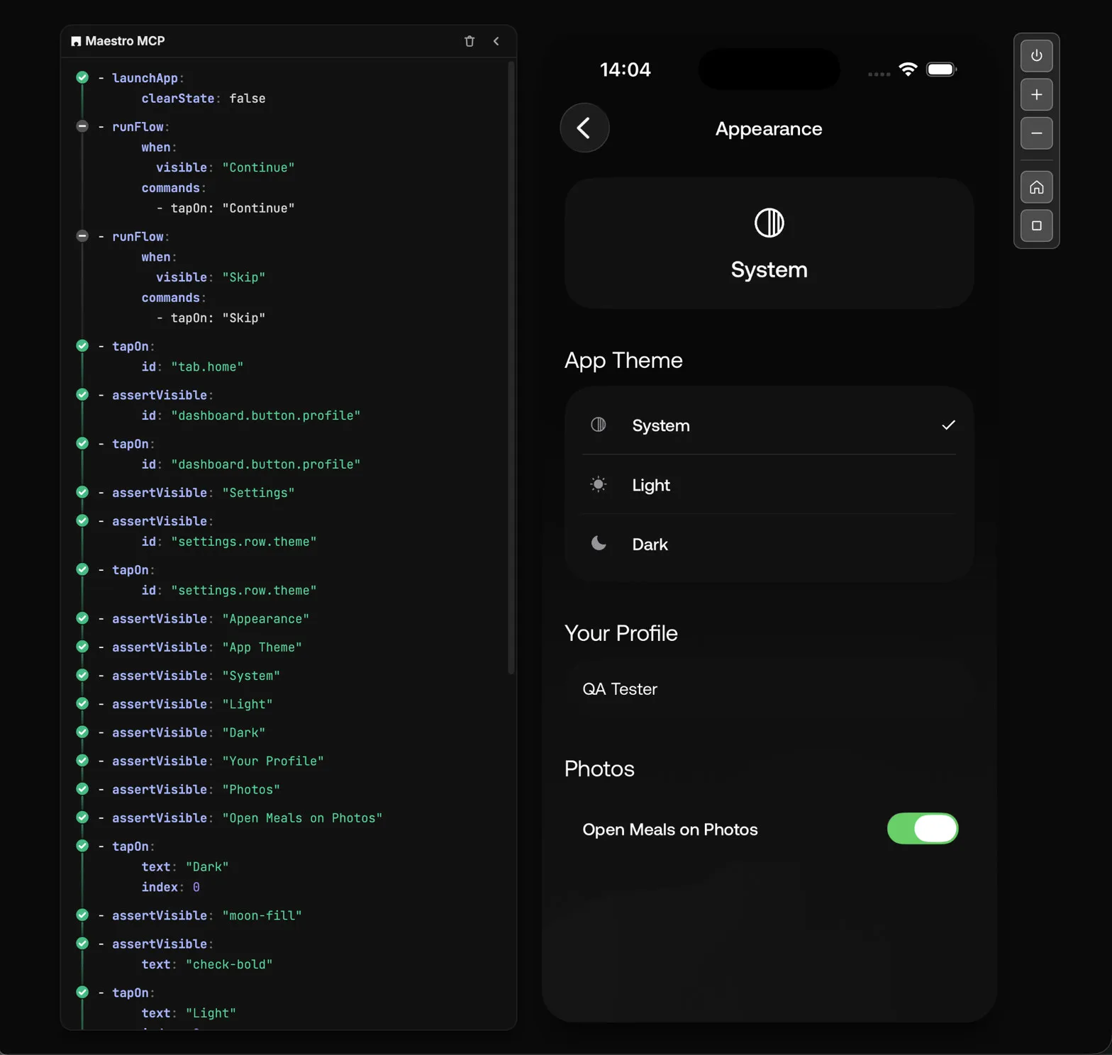 Maestro Viewer showing the Appearance flow running on a device