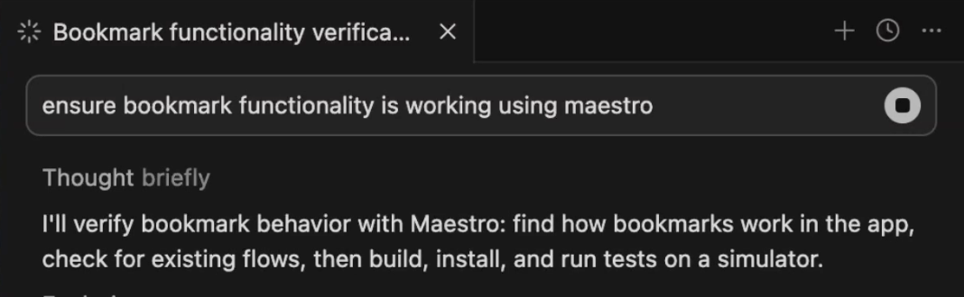 A coding agent verifying bookmark functionality with Maestro